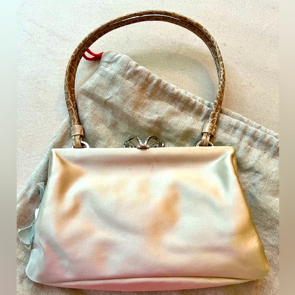 Used once! Valentino champagne satin purse w/ floral appliqué/ snakeskin handles - Picture 6 of 11